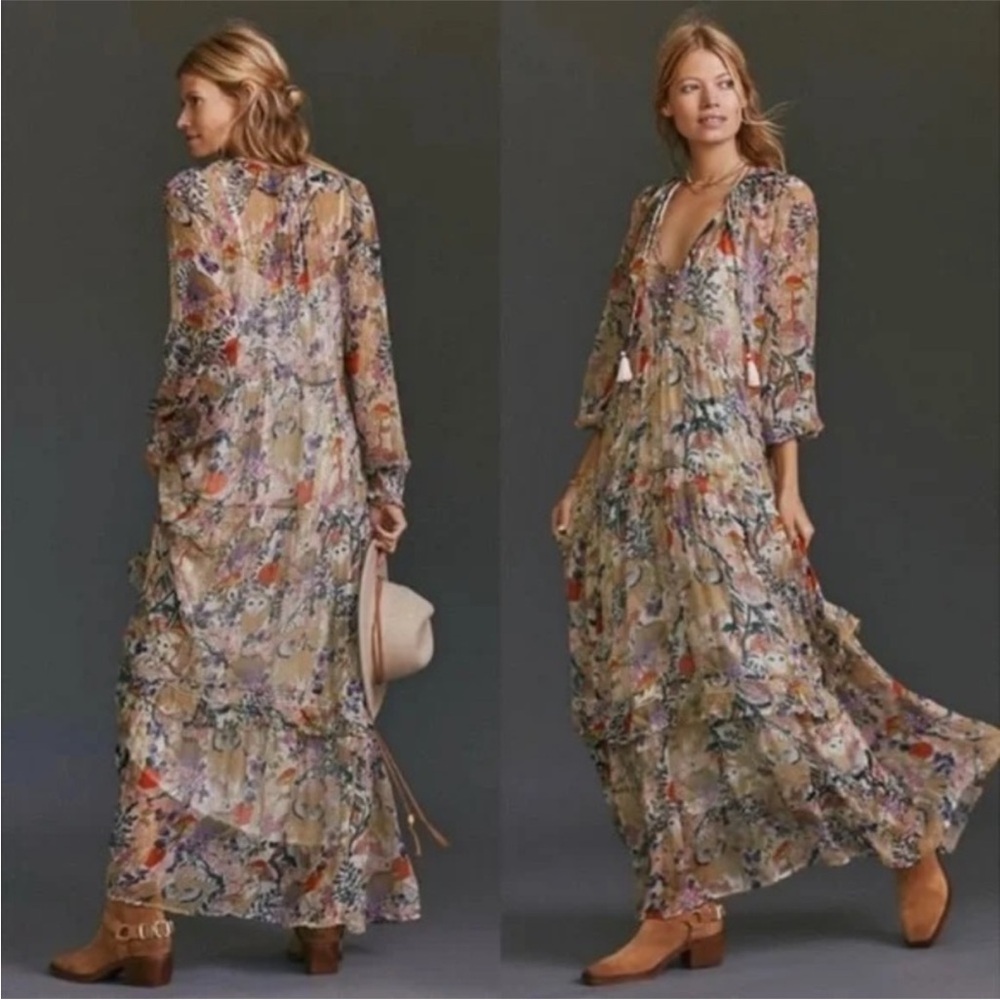 Anthropologie Floral Maxi Dress with Long Sleeves - Owl and Mushroom Print